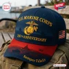 Front view of a navy blue baseball cap with gold embroidery for the US Marine Corps 250th Anniversary.
