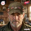 Front view of an adult man wearing a US Marine Veteran Embroidered Baseball Cap with American flag side panels.