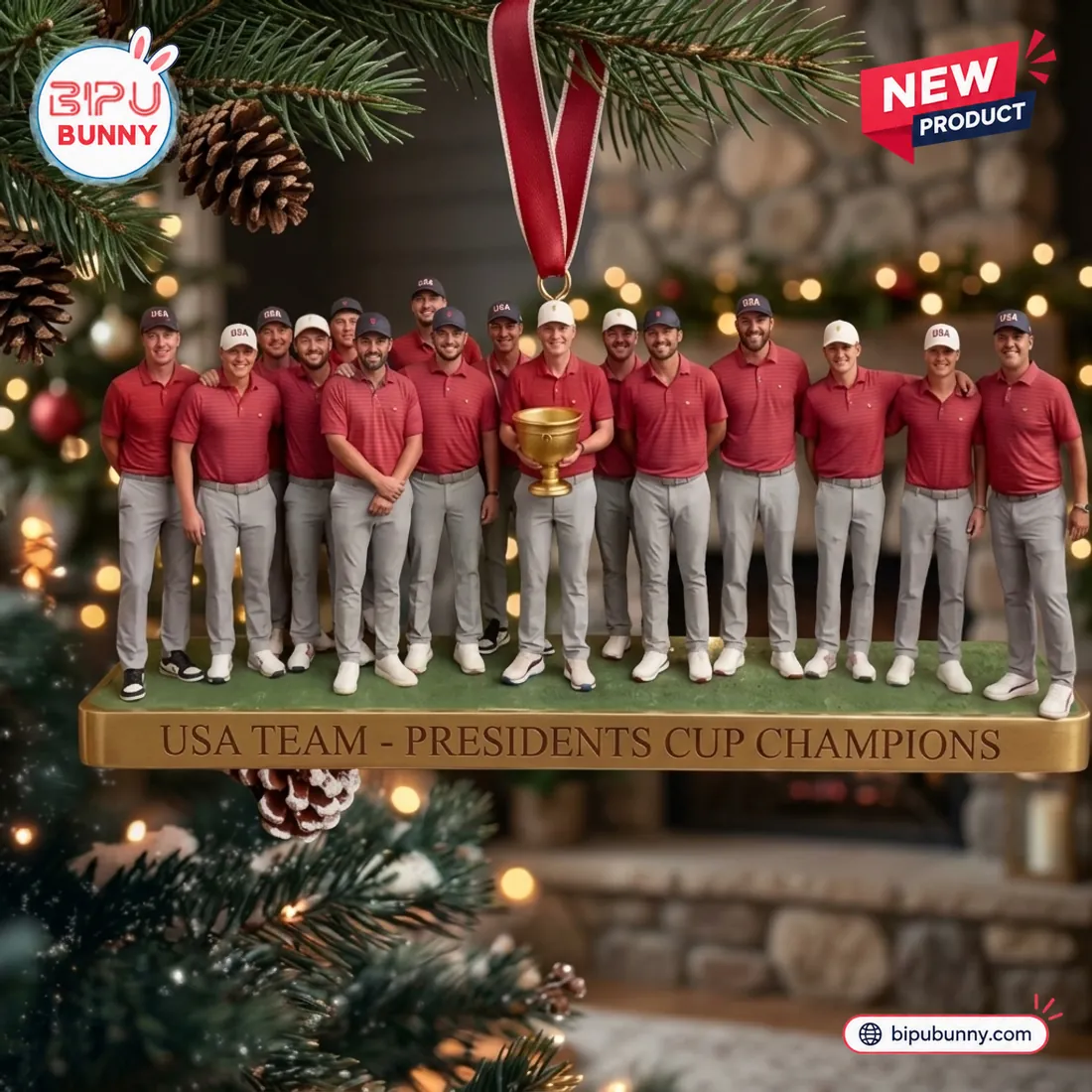 Front view of a USA Team Presidents Cup Champions Christmas Ornament featuring a group of golfers holding a trophy.
