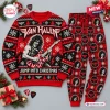 Front view of a Van Halen Christmas Sweater And Pants Set in red and black with guitar graphic.