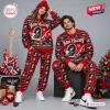 Front view of a couple wearing a matching red Van Halen Christmas Sweater And Pants Set with guitar and snowflake graphics.