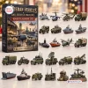 Front view of the Veteran Vehicles Advent Calendar 2026 box and its twenty four acrylic ornaments laid out.