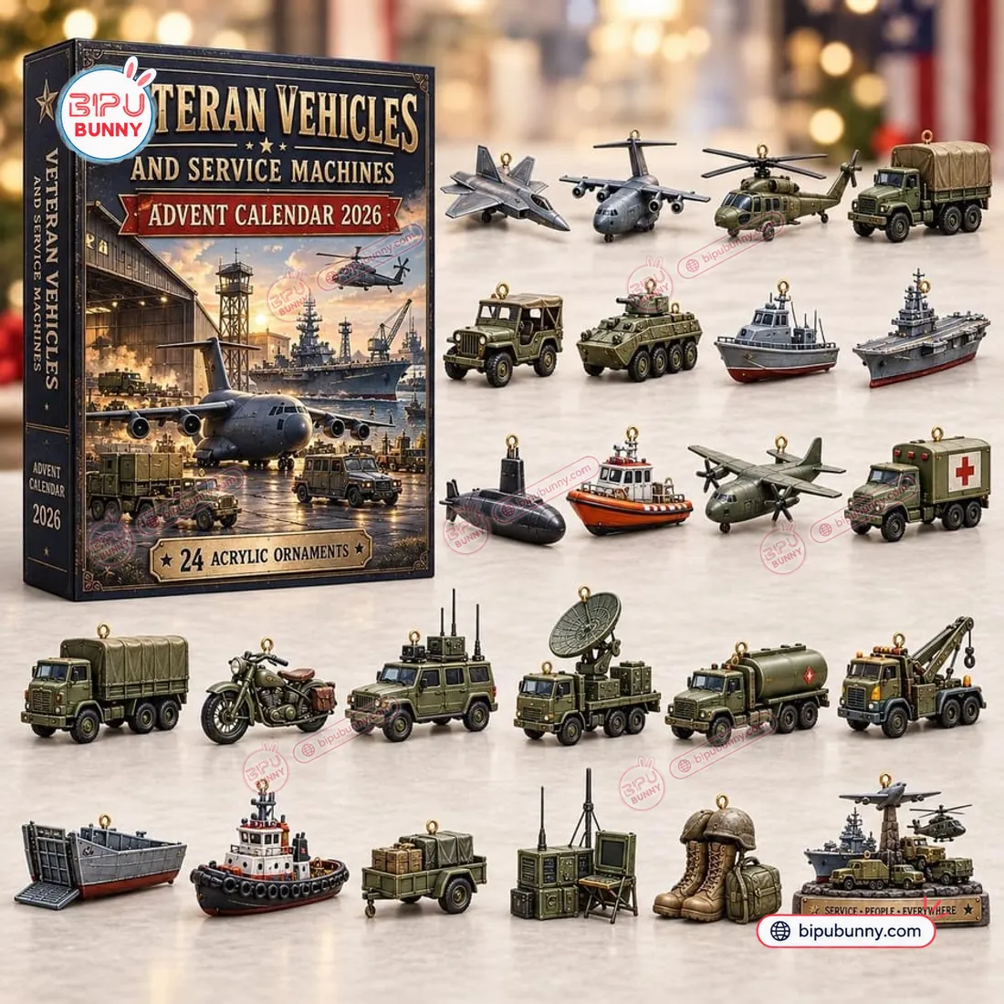 Veteran Vehicles Advent Calendar 2026 collector box displayed beside the miniature military aircraft, trucks, naval ships, and field gear ornaments