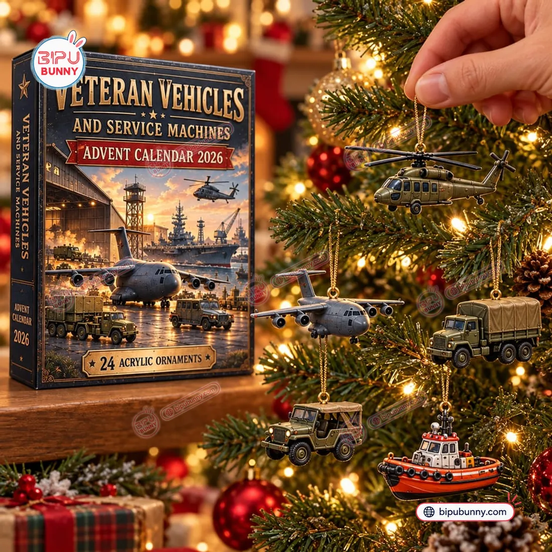 Miniature helicopter, cargo transport plane, olive-drab military truck, jeep, and tugboat ornaments hanging on Christmas tree branches