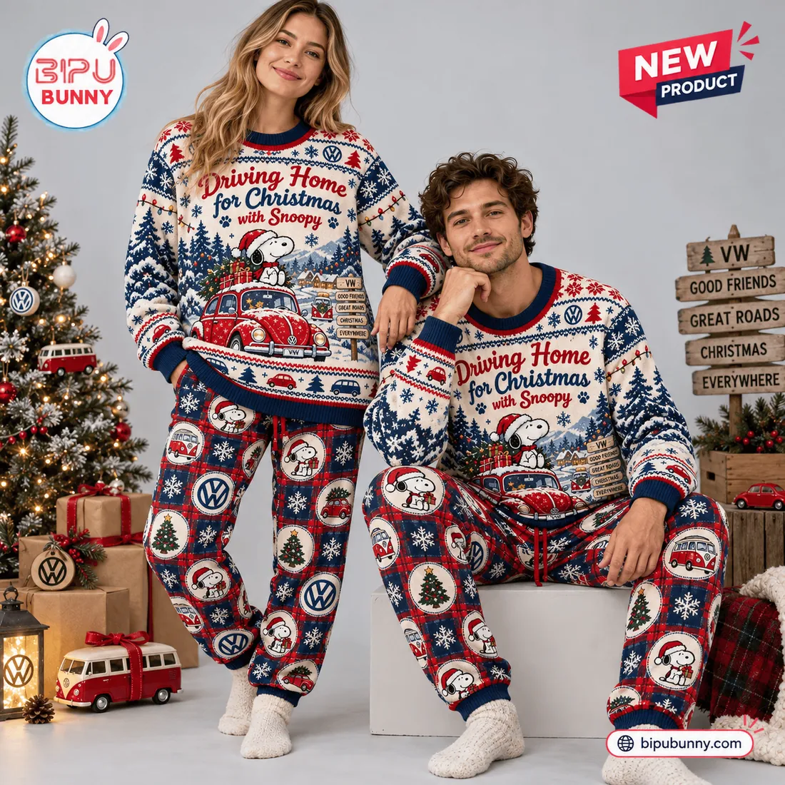 Couple wearing matching Volkswagen x Snoopy Christmas sweater and jogger sets