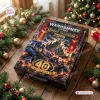 Angled view of the Warhammer 40000 40th Anniversary 1987-2027 Advent Calendar on a wooden surface with holiday decor.