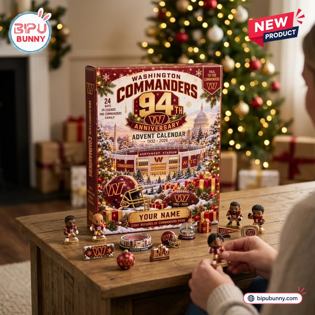 Front view of the Washington Commanders 94th Anniversary Personalized Advent Calendar with mini figures on a table