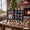 Front view of Westie Troublemakers Christmas Advent Calendar with miniature figurines arranged on a wooden table.