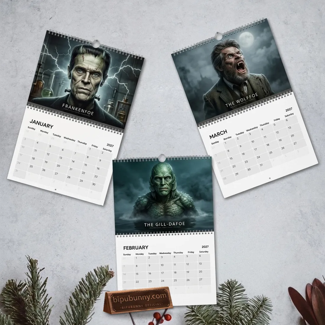 Open January, February, and March 2027 spreads of the Willem Dafoe Classic Horror Monsters Wall Calendar showing Frankenfoe, The Gill-Dafoe, and The Wolffoe