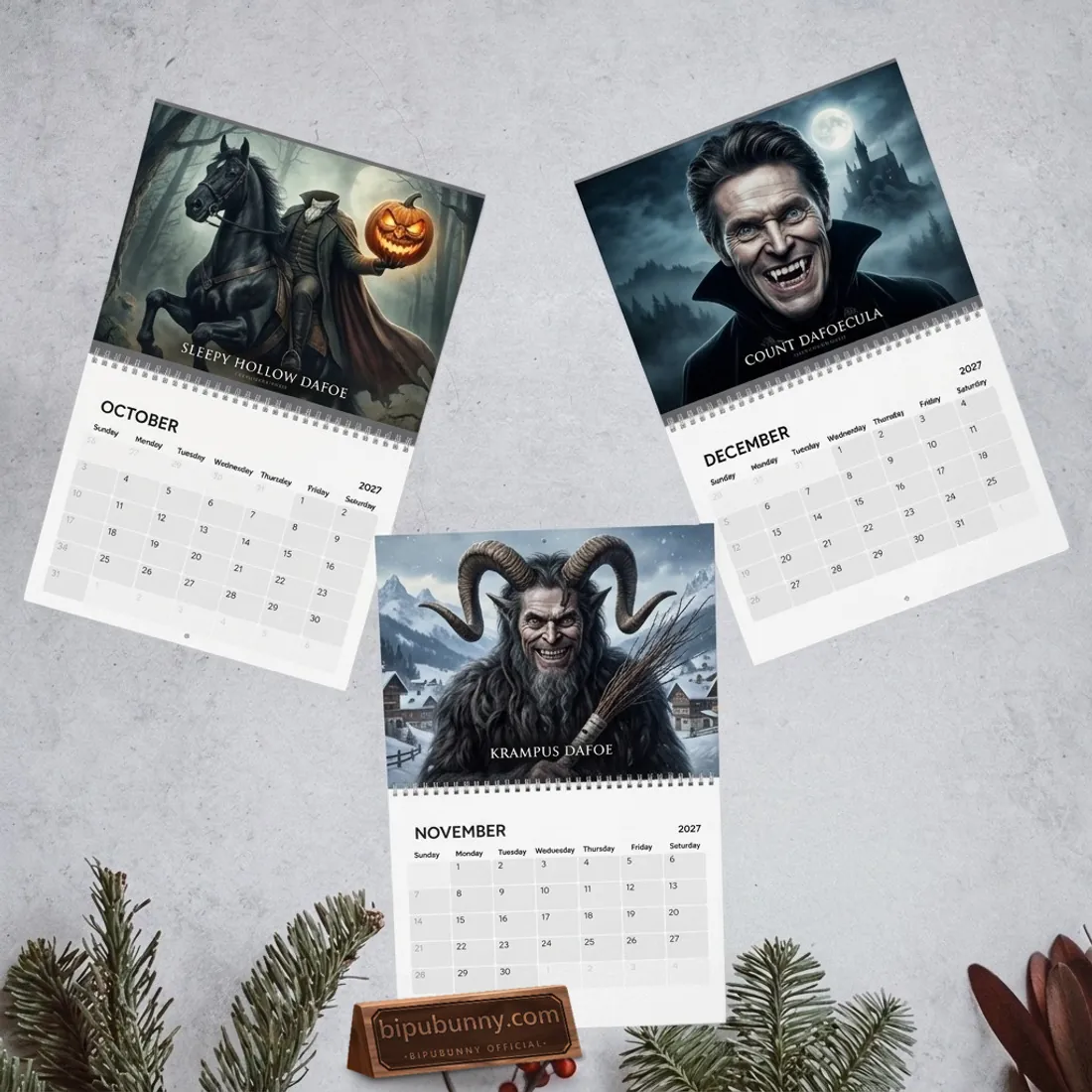 Open October, November, and December 2027 spreads of the Willem Dafoe Wall Calendar featuring Sleepy Hollow Dafoe, Krampus Dafoe, and Count Dafoecula