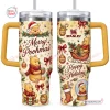 Front and back views of a Winnie the Pooh Christmas 40 oz tumbler with holiday graphics.