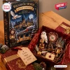 Front view of Wizarding World 2026 Advent Calendar box alongside opened gift box containing themed ornaments.
