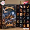 Front view of an open Wizarding World 2026 Advent Calendar displaying twenty-four compartments filled with gold and colored ornaments.