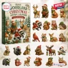 Front view of Woodland Christmas Animal Advent Calendar box next to its twenty-four acrylic animal ornaments.