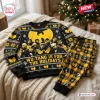 Front view of the Wu-Tang Clan Sweater and Jogger Pants Set in black and yellow holiday pattern.