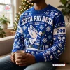 Front view of a blue Zeta Phi Beta ugly Christmas sweater featuring a dove and snowflakes.