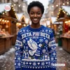 Front view of a woman wearing a blue Zeta Phi Beta 1920 ugly Christmas sweater featuring a white dove.
