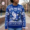Front view of the Zeta Phi Beta 1920 Blue Ugly Christmas Sweater featuring a dove, gifts, and snowflakes.