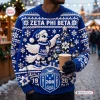 Front view of Zeta Phi Beta Blue Cable Knit Christmas Sweater with a white dove and holiday tree.