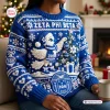 Front view of the Zeta Phi Beta Blue Cable Knit Christmas Sweater featuring white holiday motifs and a dove graphic.